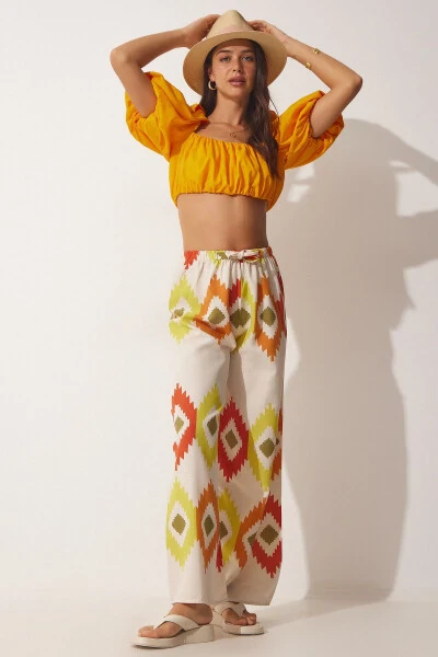 Ayollar sari krem gulli zig'ir palazzo shimi BH00385 - 3