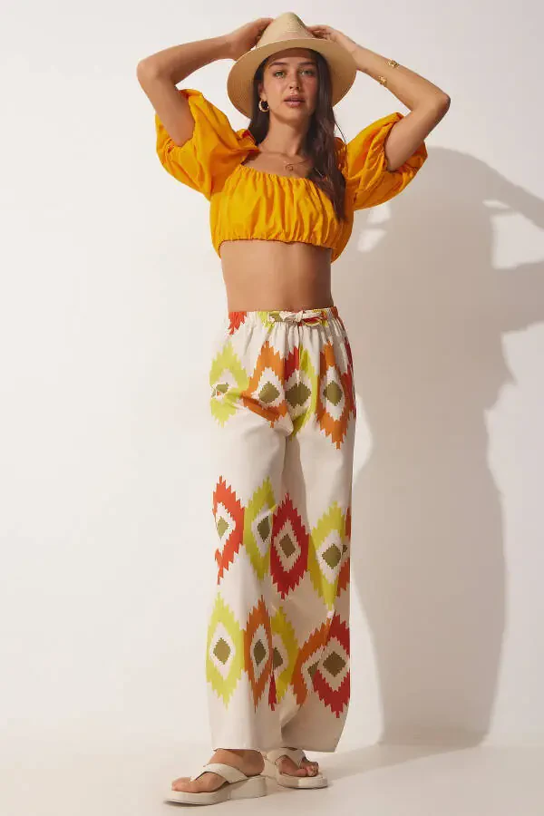 Ayollar sari krem gulli zig'ir palazzo shimi BH00385 - 3