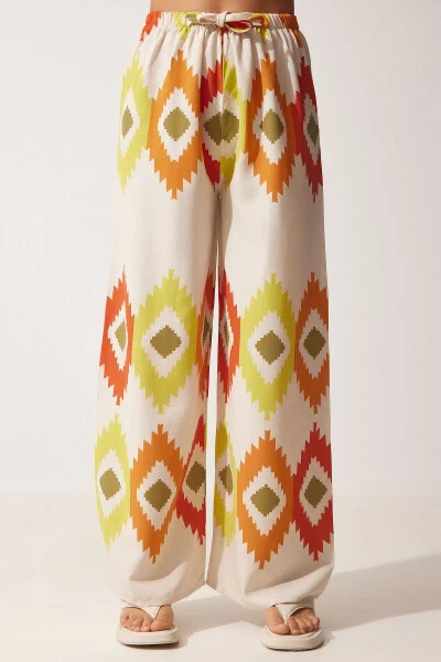 Ayollar sari krem gulli zig'ir palazzo shimi BH00385 - 4