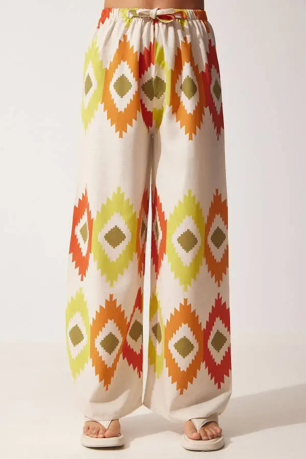 Ayollar sari krem gulli zig'ir palazzo shimi BH00385 - 4