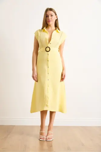 Ayollar Sariq Astarlik Kamarli Muslin Ko'ylak Libos ELB-19002423-Sariq - OLALOOK (1)