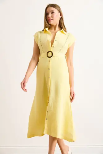 Ayollar Sariq Astarlik Kamarli Muslin Ko'ylak Libos ELB-19002423-Sariq - 5