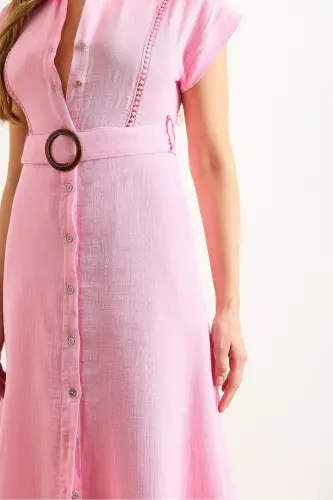 Ayollar shakar pushti astarli kamarli muslin ko'ylak libos ELB-19002423-Shakar pushti - 5