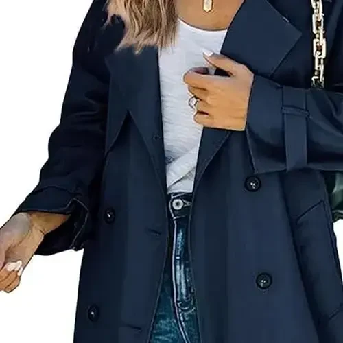 Ayollar shamoldan himoya qiluvchi trench palto Notched Lapel Ikki ko'krakli uzun palto Kundalik kuz qish shamol to'suvchi ustki kiyim - 3