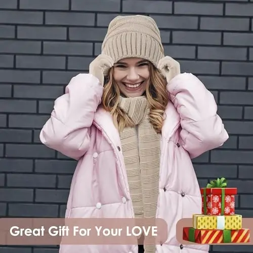 Ayollar shapka qo'lqoplar to'plami Fleece astarli qishki iliq shapka sovuq ob-havo uchun trikotaj sensorli qo'lqoplar - 6