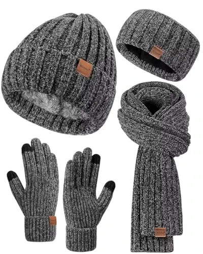 Ayollar shapkasi sharf qo'lqop bosh bandi to'plami, Chenille qishki shlyapalar Fleece astarli quloq isitgich Trikotaj sharf Sensorli ekranli qo'lqoplar 4 sovg'a to'plami - WOMEN