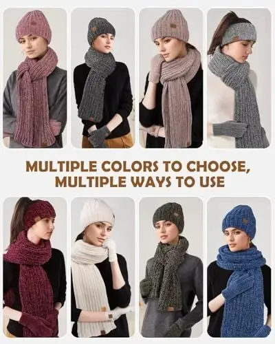 Ayollar shapkasi sharf qo'lqop bosh bandi to'plami, Chenille qishki shlyapalar Fleece astarli quloq isitgich Trikotaj sharf Sensorli ekranli qo'lqoplar 4 sovg'a to'plami - 6