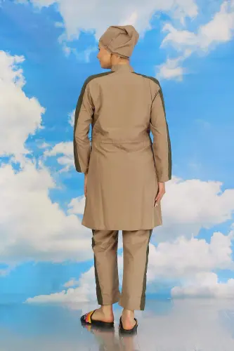 Ayollar shimlari tasmali qo'lli to'liq yopiq suzish kostyumi bej 31065 - 4