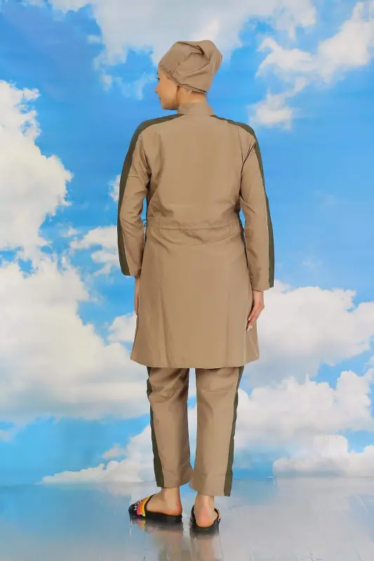 Ayollar shimlari tasmali qo'lli to'liq yopiq suzish kostyumi bej 31065 - 4