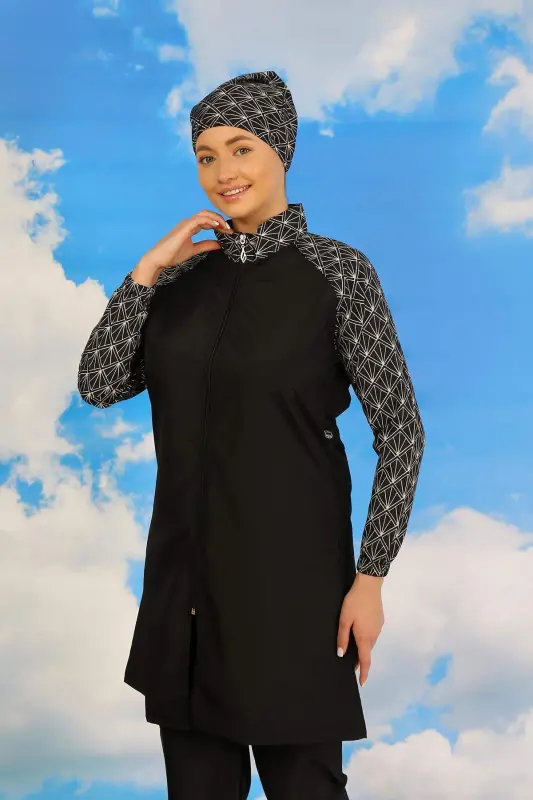 Ayollar shimli naqshli to'liq yopiq suzish kostyumi Qora 31072 - BÜYÜKBEDENIZ