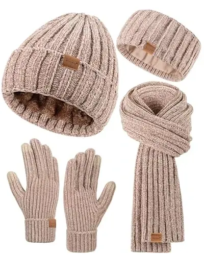 Ayollar shlyapasi sharf qo'lqop bosh bandi to'plami, Chenille qishki shlyapalar Fleece astarli quloq isitgich Trikotaj sharf Sensorli ekranli qo'lqoplar 4 sovg'a to'plami - 2