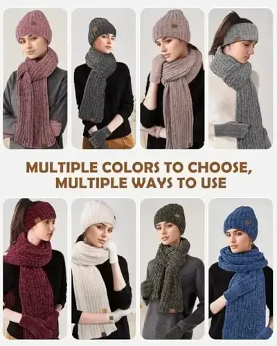 Ayollar shlyapasi sharf qo'lqop bosh bandi to'plami, Chenille qishki shlyapalar Fleece astarli quloq isitgich Trikotaj sharf Sensorli ekranli qo'lqoplar 4 sovg'a to'plami - 7