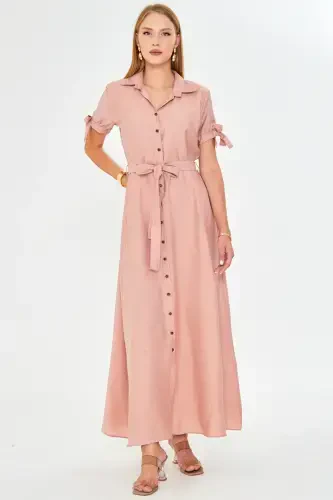 Ayollar Somon Yengli Bog'lamali Belli Kamarli Ko'ylak Libos ARM-23Y001004-Somon - ARMONIKA (1)