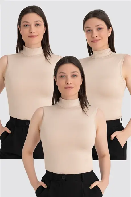 Ayollar Teri Baliqchi Yoqa Yengsiz Body 3 dona Paket - BÜYÜKBEDENIZ