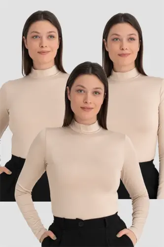 Ayollar Teri Baliqchi Yoqali Uzun Yengli Bodi 3 Donasi - 1