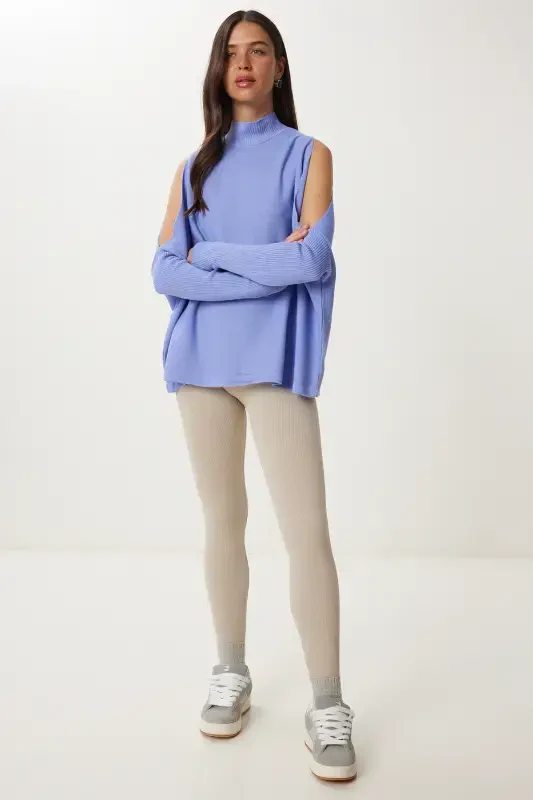 Ayollar To‘q binafsha kesikli o‘rnatilgan katta hajmli trikotaj kozok AS00015-To‘q binafsha - 3