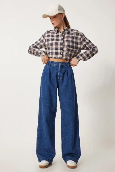 Ayollar To'q Ko'k Baland Bel Keng Oyoqli Jinsi RH00031 - HAPPINESS İSTANBUL