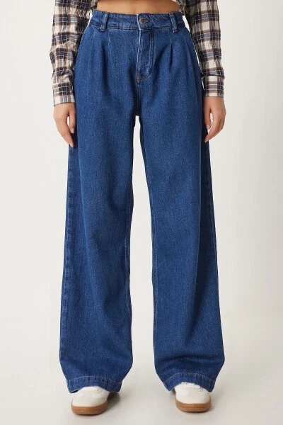 Ayollar To'q Ko'k Baland Bel Keng Oyoqli Jinsi RH00031 - 3