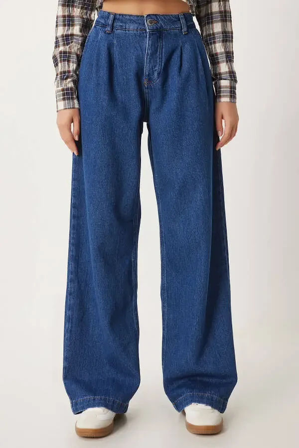 Ayollar To'q Ko'k Baland Bel Keng Oyoqli Jinsi RH00031 - 3