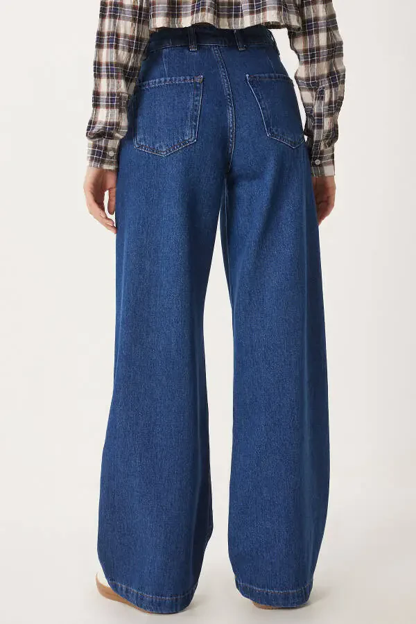 Ayollar To'q Ko'k Baland Bel Keng Oyoqli Jinsi RH00031 - 5