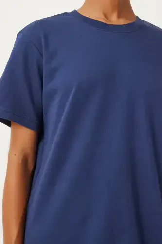 Ayollar to'q ko'k velosiped yoqali 100% paxta futbolkasi FN03265-To'q ko'k - 4