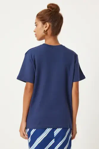 Ayollar to'q ko'k velosiped yoqali 100% paxta futbolkasi FN03265-To'q ko'k - 5