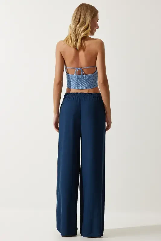 Ayollar to'q ko'k yozgi viskoza palazzo shim EN00610-To'q ko'k - 6