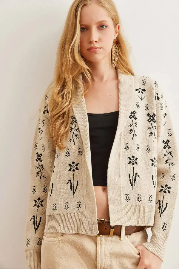 Ayollar tosh gulli naqshli shal yoqali triko palto HRK-19000294 - 2