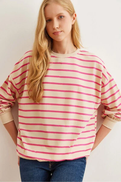 Ayollar tosh pushti Basic yumshoq teksturali boʻsh sweatshirt SWT-19000457 - OLALOOK