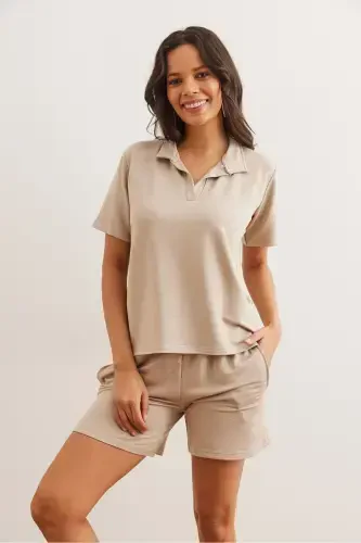 Ayollar toshli ustki polo yoqali bluz pastki cho'ntakli short Krista - OLALOOK (1)