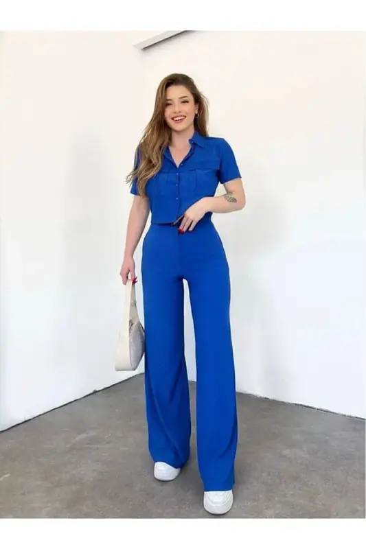 Ayollar tugmachali detallari qopqoqli shim kostyumi - Saks - AFIŞ BUTIK