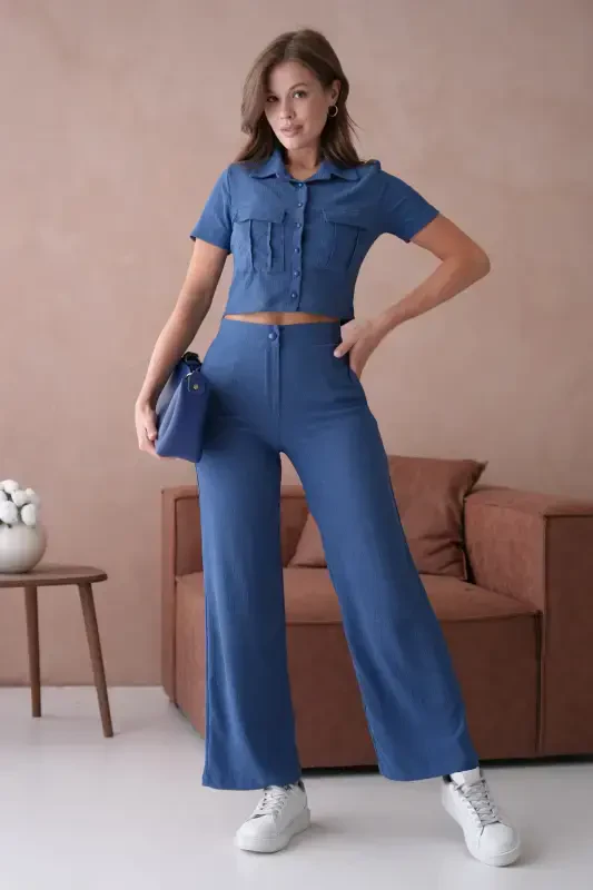 Ayollar tugmachali detalli qopqoqli shimli kostyum - Indigo - VOLT CLOTHİNG