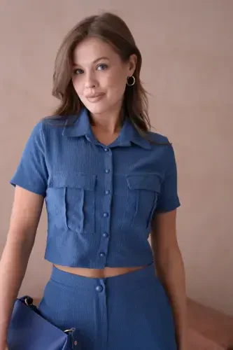 Ayollar tugmachali detalli qopqoqli shimli kostyum - Indigo - VOLT CLOTHİNG (1)