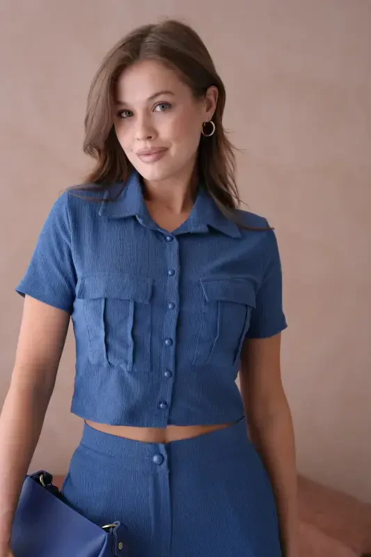 Ayollar tugmachali detalli qopqoqli shimli kostyum - Indigo - 2