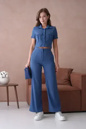 Ayollar tugmachali detalli qopqoqli shimli kostyum - Indigo - 4