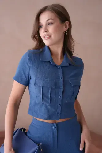 Ayollar tugmachali detalli qopqoqli shimli kostyum - Indigo - 7