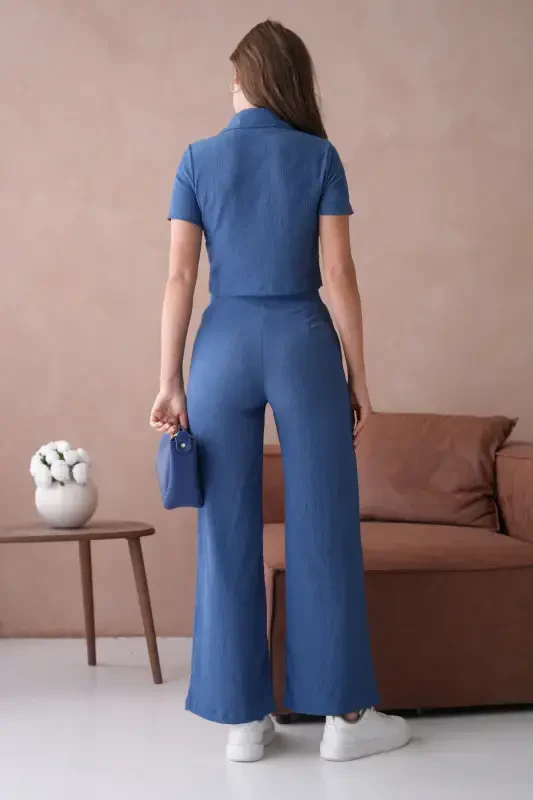 Ayollar tugmachali detalli qopqoqli shimli kostyum - Indigo - 8