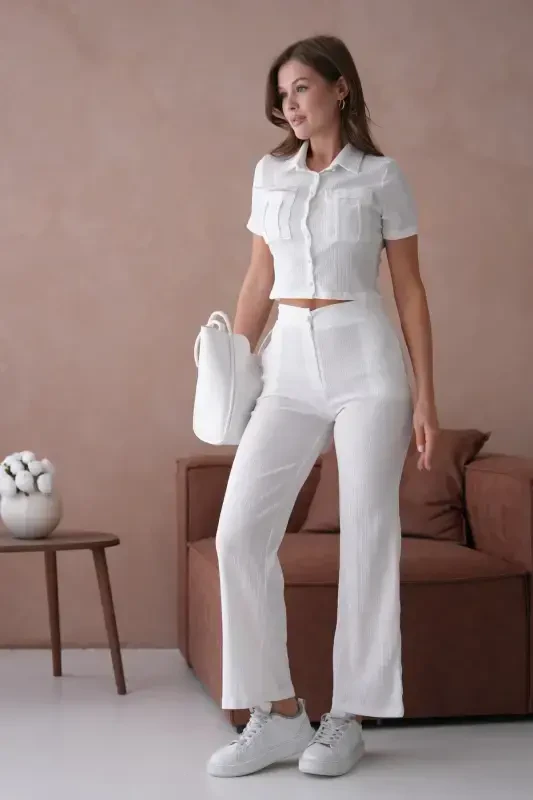 Ayollar Tugmali Tafsilotli Qopqoqli Shimli Kostyum - Oq - 6