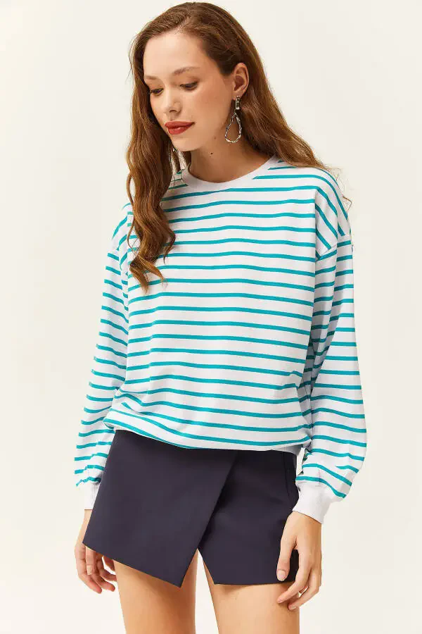 Ayollar Turkuaz Basic Yumshoq Texturali Keng Kengshi Sweatshirt SWT-19000457 - 2