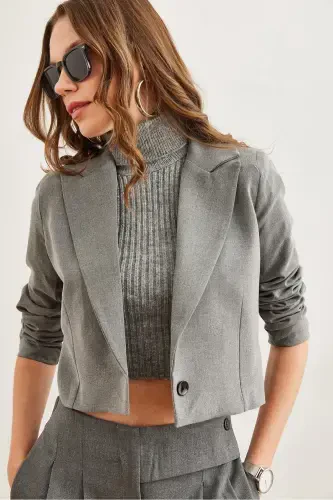 Ayollar tutuni astarli premium poliviskonli qisqa blazer kurtka CKT-19000394-Tutun - OLALOOK (1)