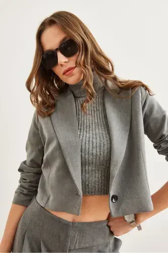 Ayollar tutuni astarli premium poliviskonli qisqa blazer kurtka CKT-19000394-Tutun - 6