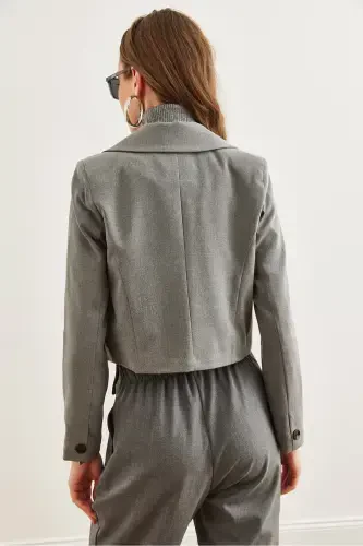 Ayollar tutuni astarli premium poliviskonli qisqa blazer kurtka CKT-19000394-Tutun - 7