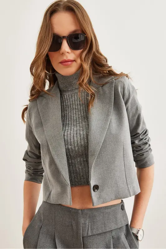 Ayollar tutuni astarli premium poliviskonli qisqa blazer kurtka CKT-19000394-Tutun - OLALOOK