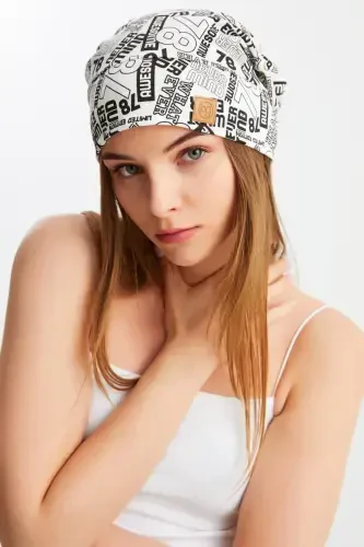 Ayollar uchun 4 fasl paxtali, elastik, ultra yumshoq yengil, terlatmaydigan, ip detallari bilan trikotaj shapka - Oq naqsh - 1