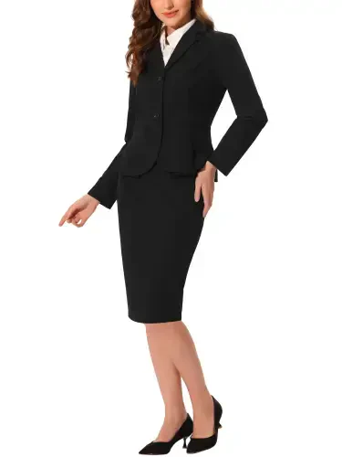 Ayollar uchun Allegra K 2 qismli kostyum to'plami, uzun yengli, o'yilgan yoqali, peplum blazer va qalam yubka - 5