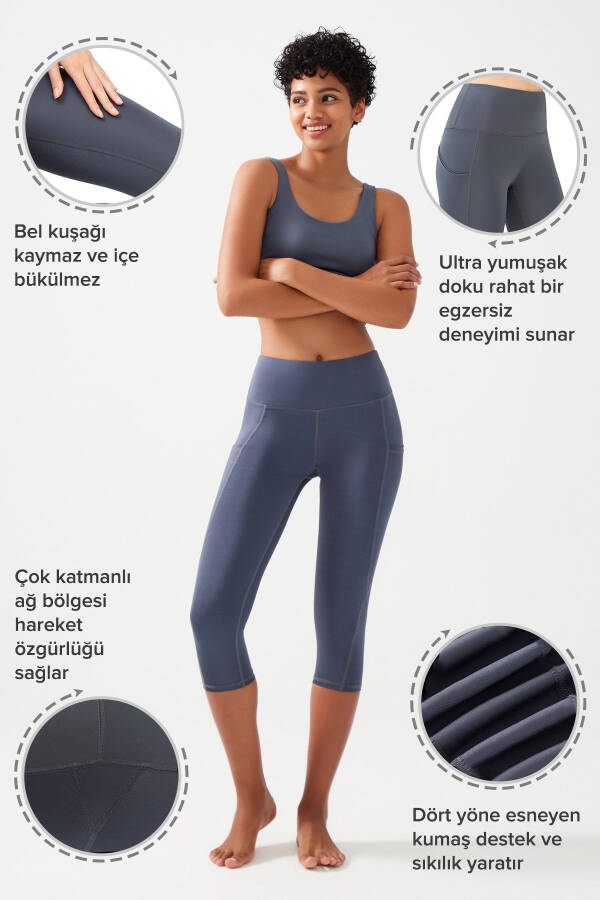 Ayollar uchun antrasit rangli yuqori bellik shakllantiruvchi ikkita cho'ntakli tizza osti kapri leggins - 3