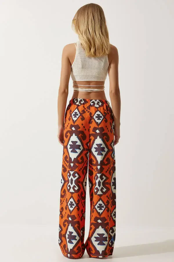 Ayollar uchun apelsin naqshli xom zig'ir palazzo shim BH00397 - 8