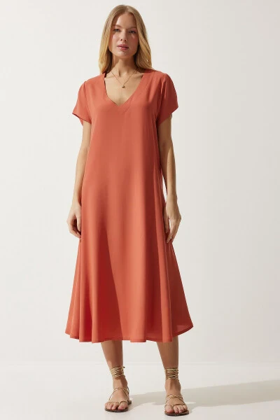 Ayollar uchun apelsin rangli V yoqali yozgi bo'shashgan viskoz ko'ylak EN00612 - 1