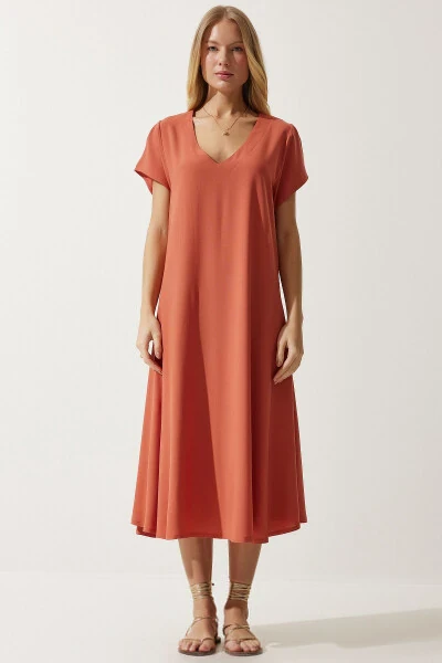 Ayollar uchun apelsin rangli V yoqali yozgi bo'shashgan viskoz ko'ylak EN00612 - 2