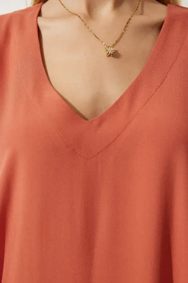 Ayollar uchun apelsin rangli V yoqali yozgi bo'shashgan viskoz ko'ylak EN00612 - 6